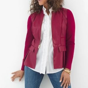 Chicos red Faux leather and ponte knit peplum zip jacket Sz 2 or Large